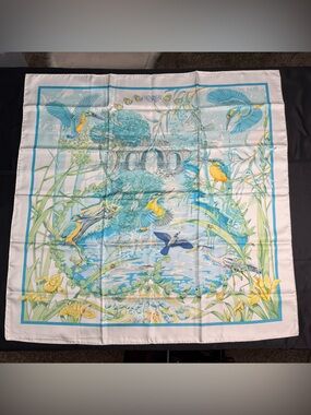 Authentic Hermes Silk Scarf Birds Water Fish White Blue Yellow Au Bord De L’eau